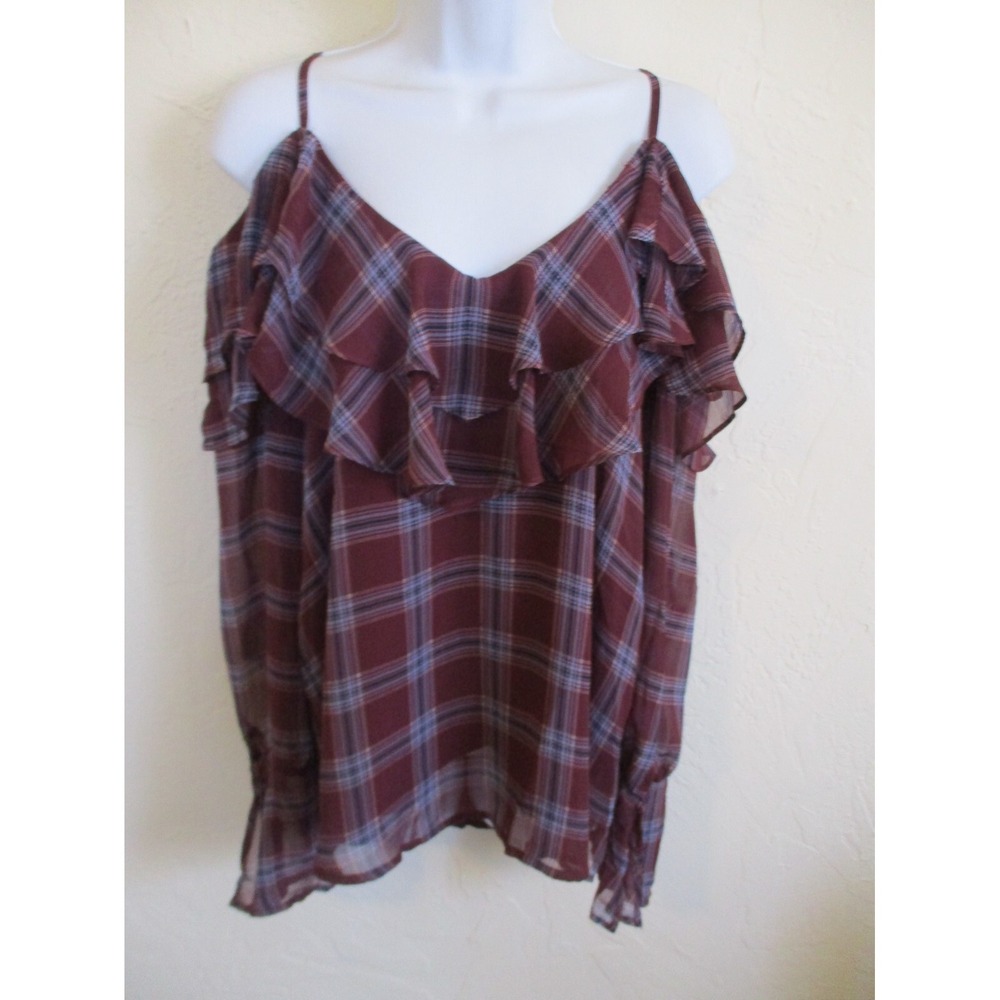 coverstitched Plaid Cold Shoulder Blouse Size Medium Lined ~ Long Sleeve